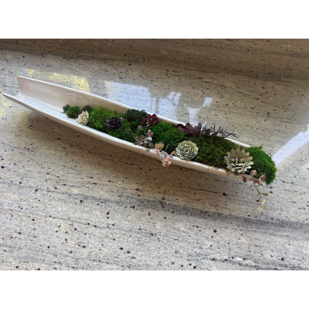 Handmade Preserved Moss & Paper Succulent Centerpiece: Long White Ceramic Tray
